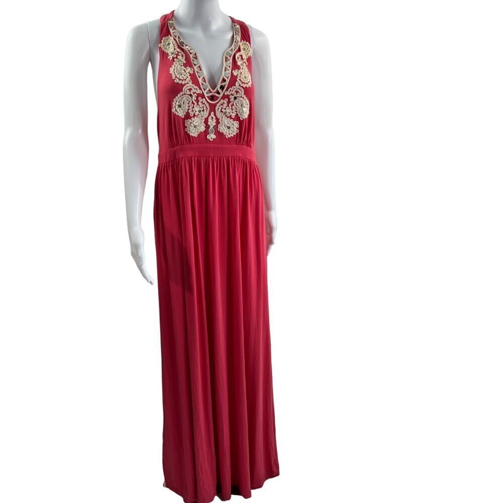 INC Size L Embroidered Deep V Neck Racerback Maxi Dress Coquette Vacation Resort